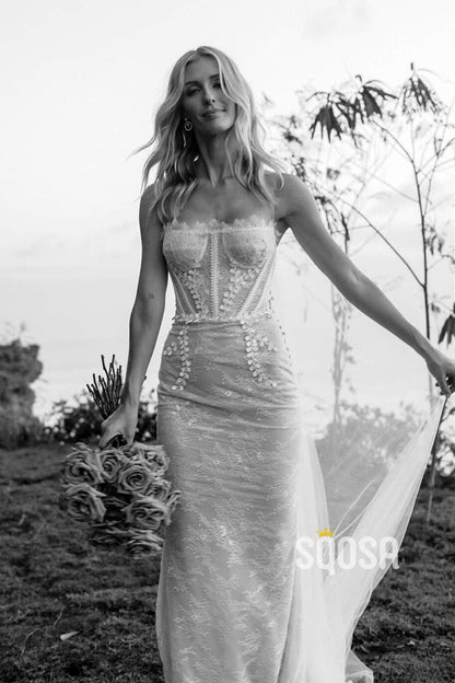 Unique Spaghetti Straps Chic Appliques Lace Wedding Dress QW2463|SQOSA