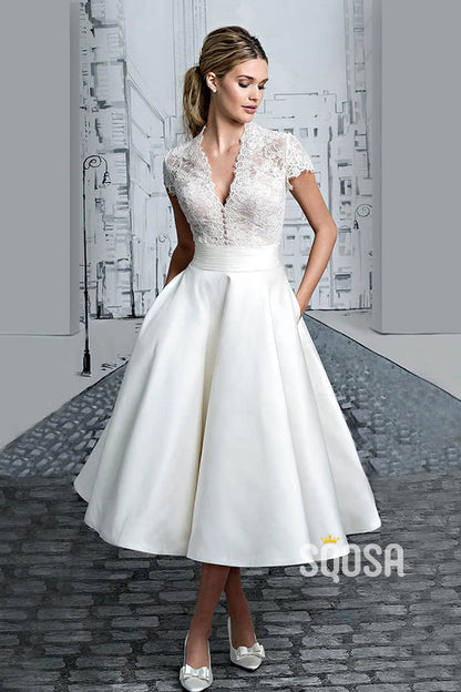 Sexy V-neck Cap Sleeves Lace Bodice Tea Length Beach Wedding Dress wit – SQOSA