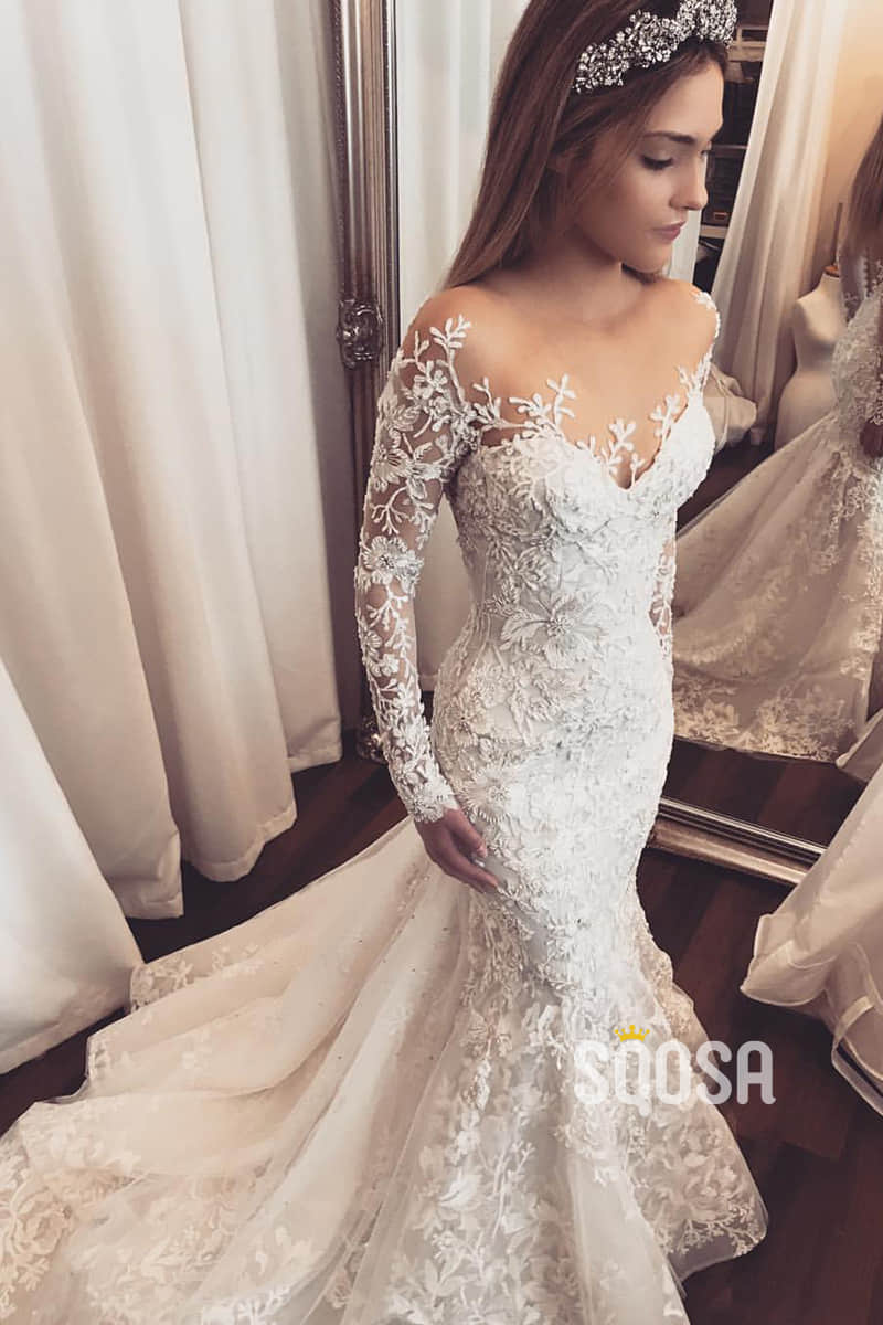 Unique Illusion Neckline Long Sleeves Luxury Lace Wedding Dress Mermaid Gown QW2506 US4 / Custom Color Unique Illusion Neckline Long Sleeves Luxury Lace Wedding Dress Mermaid Gown QW2506 US4 / Custom Color