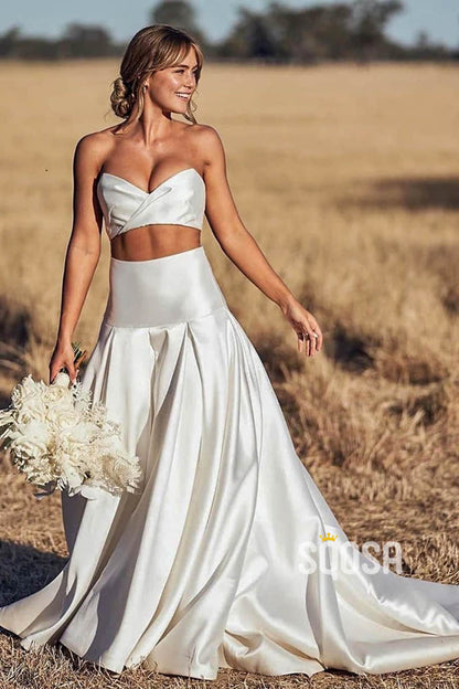 Ivory Satin Sweetheart Two-Piece Beach Wedding Dress QW2521 US2 / Ivory Ivory Satin Sweetheart Two-Piece Beach Wedding Dress QW2521 US2 / Ivory
