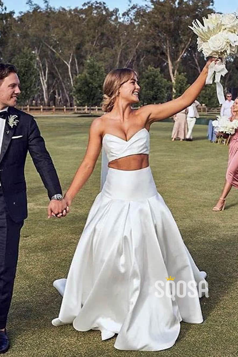 Ivory Satin Sweetheart Two-Piece Beach Wedding Dress QW2521 US2 / Ivory Ivory Satin Sweetheart Two-Piece Beach Wedding Dress QW2521 US2 / Ivory