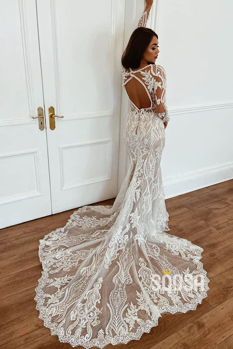 Champagne Lace V-Back Trumpet Long Wedding Dress