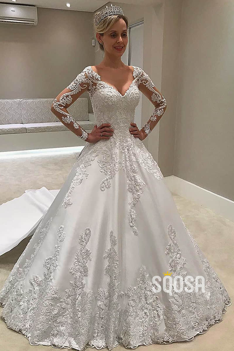 A-line Chic Illusion Long Sleeves Satin Appliques Rustic Wedding Dress with Detachable Train QW2260 A-line Chic Illusion Long Sleeves Satin Appliques Rustic Wedding Dress with Detachable Train QW2260