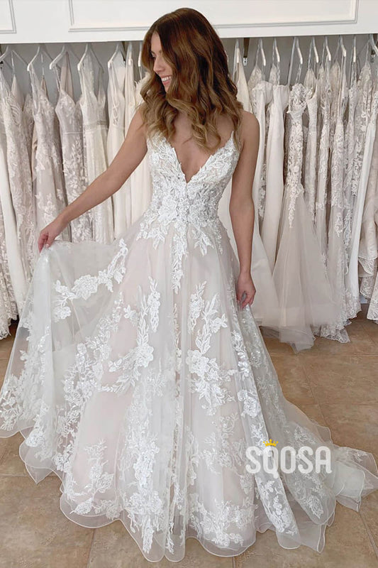 A Line Deep V neck 3D Lace Long Sleeves Romantic Wedding Dress with Court  Train QW2227