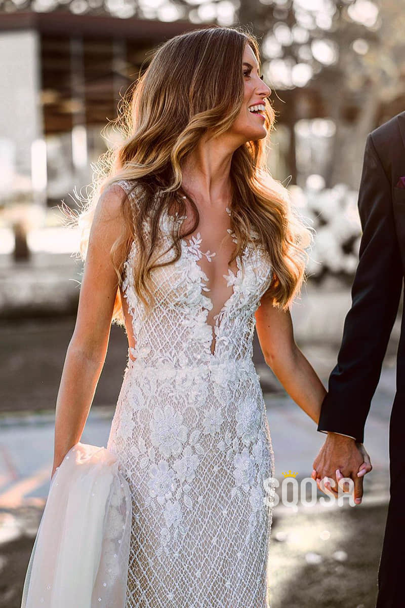 Attractive V-neck Mermaid Wedding Dress Chic Appliques Lace Wedding Go SQOSA Attractive V-neck Mermaid Wedding Dress Chic Appliques Lace Wedding Go SQOSA