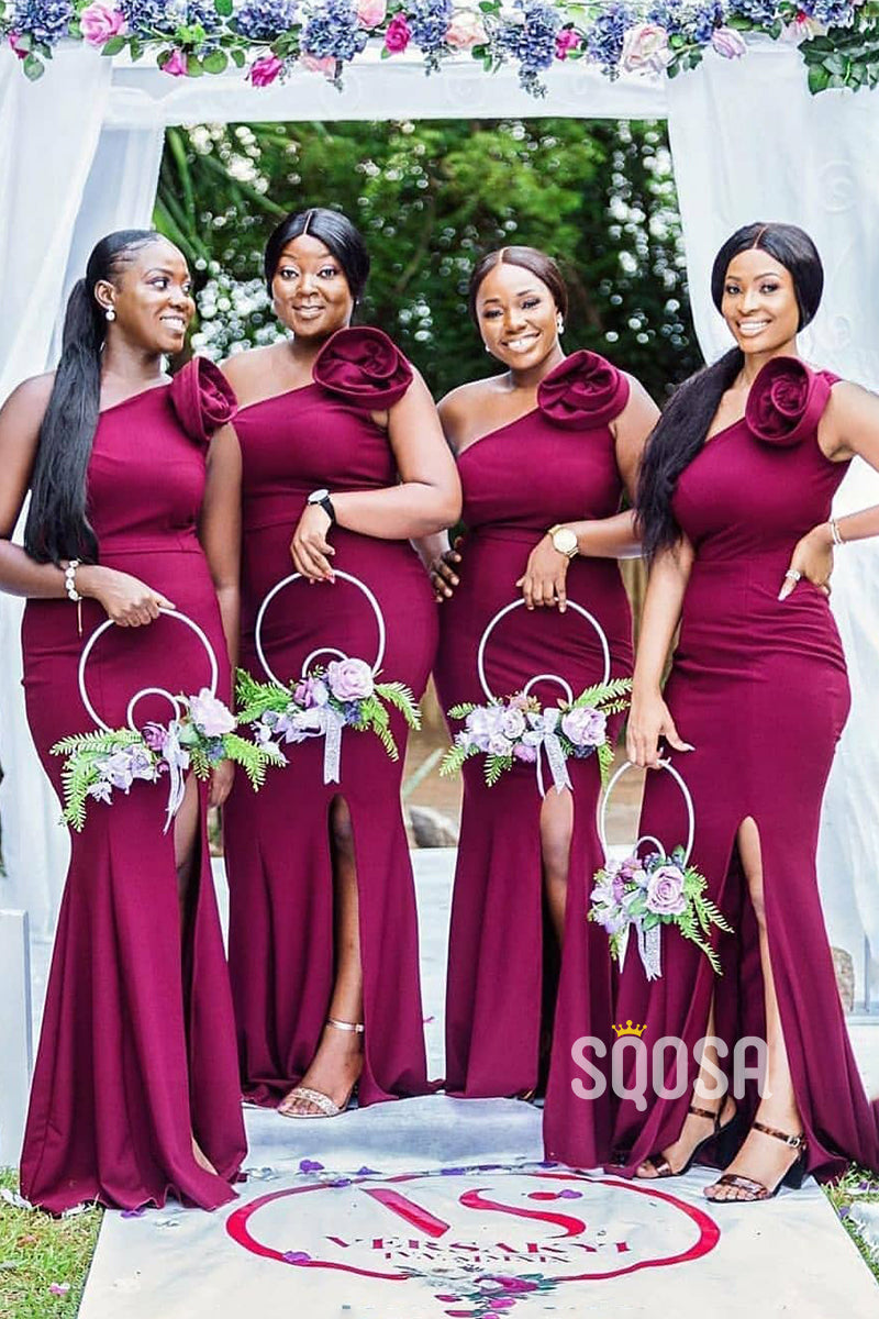 Unique One Shoulder Side Split Burgundy Bridesmaid Dress for Black QB3022
