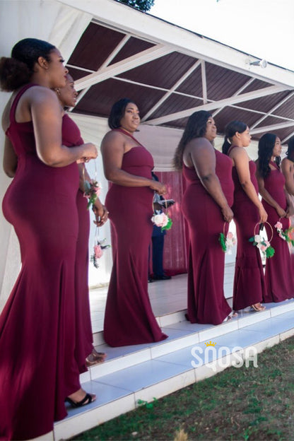 One Shoulder Plus Size Burgundy Bridesmaid Dress QB3041 SQOSA One Shoulder Plus Size Burgundy Bridesmaid Dress QB3041 SQOSA