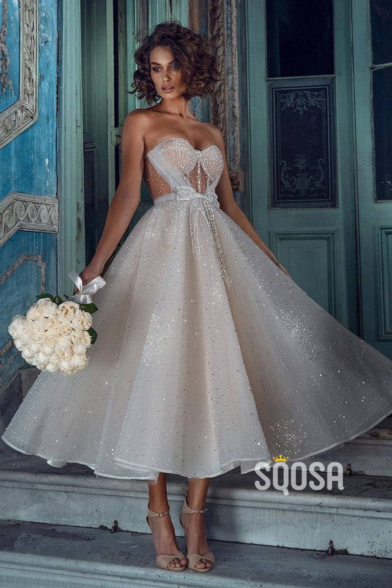 Sweetheart tea 2024 length wedding dress