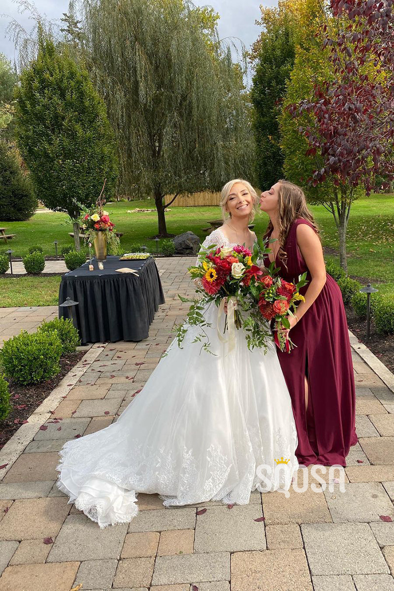 Deep V-neck Chiffon Long Burgundy Bridesmaid Dress QB2105 US8 / Custom Color Deep V-neck Chiffon Long Burgundy Bridesmaid Dress QB2105 US8 / Custom Color