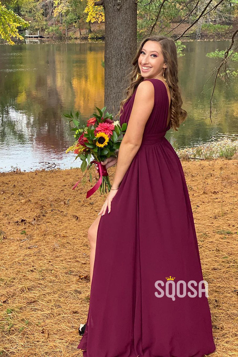 Deep V-neck Chiffon Long Burgundy Bridesmaid Dress QB2105 US8 / Custom Color Deep V-neck Chiffon Long Burgundy Bridesmaid Dress QB2105 US8 / Custom Color