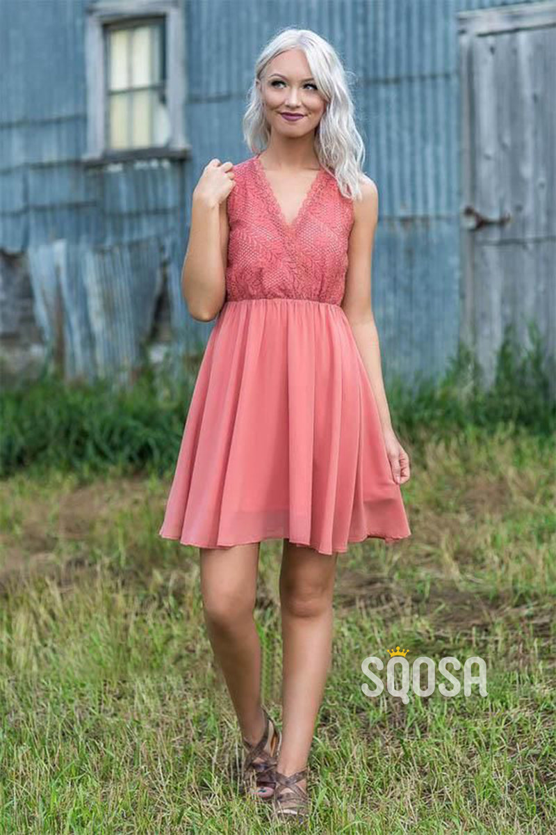 A-line V-neck Lace Top Coral Short Bridesmaid Dress QB2117 US8 / As Picture A-line V-neck Lace Top Coral Short Bridesmaid Dress QB2117 US8 / As Picture