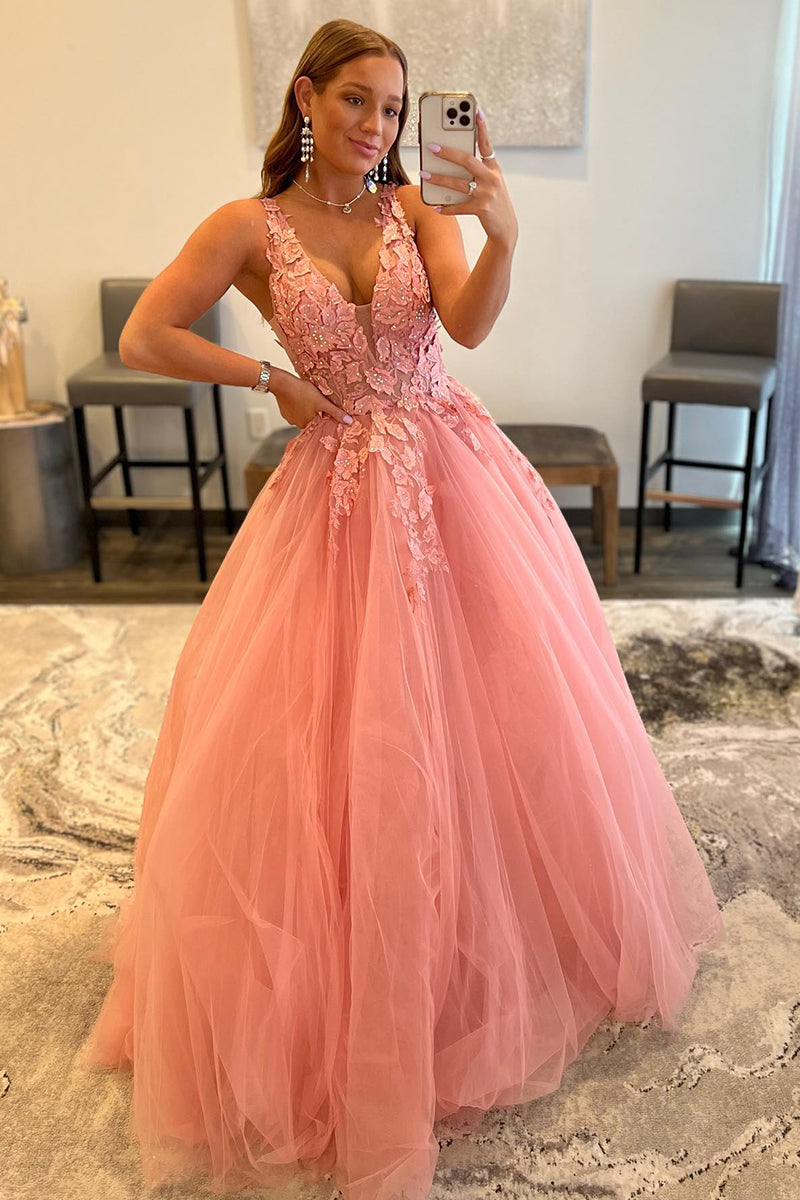 Attractive V-Neck 3D Appliques Pink Cute Prom Dress Long QP1199 US16 / Custom Color