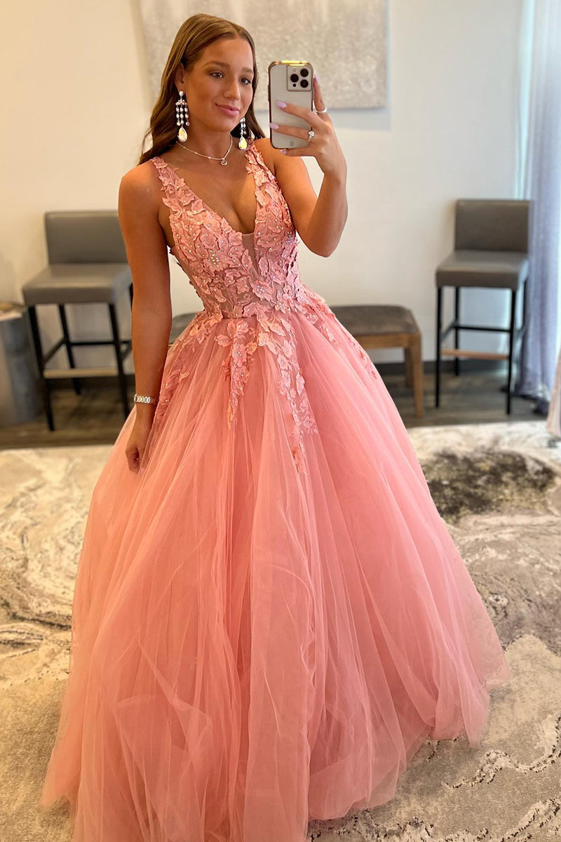 Attractive V-Neck 3D Appliques Pink Cute Prom Dress Long QP1199