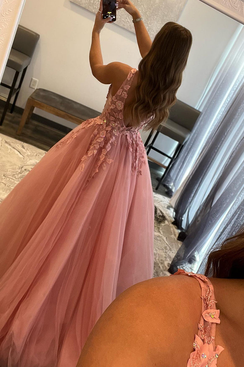 Attractive V-Neck 3D Appliques Pink Cute Prom Dress Long QP1199 – SQOSA