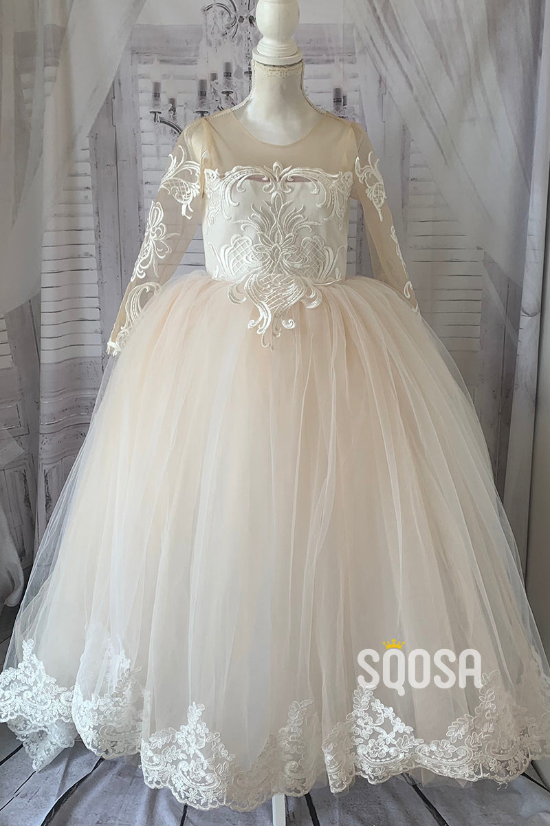 A-Line Lace Appliques Long Sleeves Flower Girl Dress First Communion Dress QF1019 US12 / Custom Color A-Line Lace Appliques Long Sleeves Flower Girl Dress First Communion Dress QF1019 US12 / Custom Color