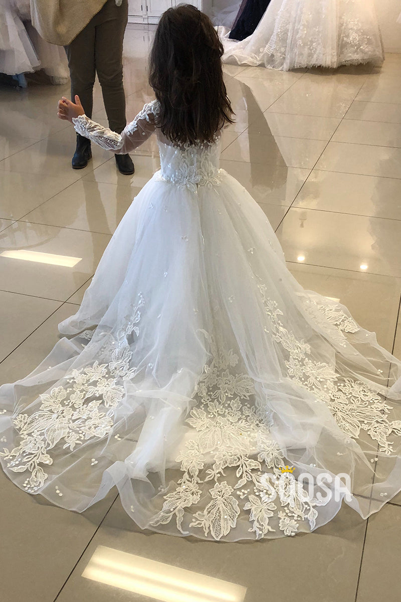 A-line Scoop Lace Appliques Long Sleeves Cute Flower Girl Dress First Communion Dress QF1028 US16 / Custom Color A-line Scoop Lace Appliques Long Sleeves Cute Flower Girl Dress First Communion Dress QF1028 US16 / Custom Color