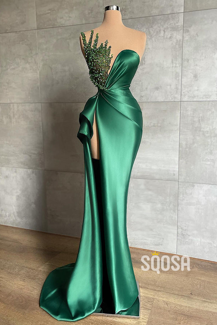 Sheath/Column Evening Dress Green Lace V-neck Long Prom Dress QP1378 ...