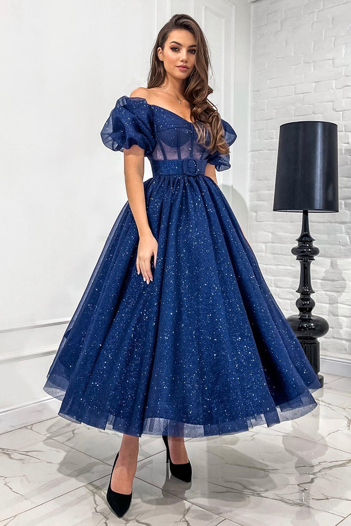 Off the Shoulder Short Sleeves Sparkly Prom Dress Vinatge Homecoming D ...