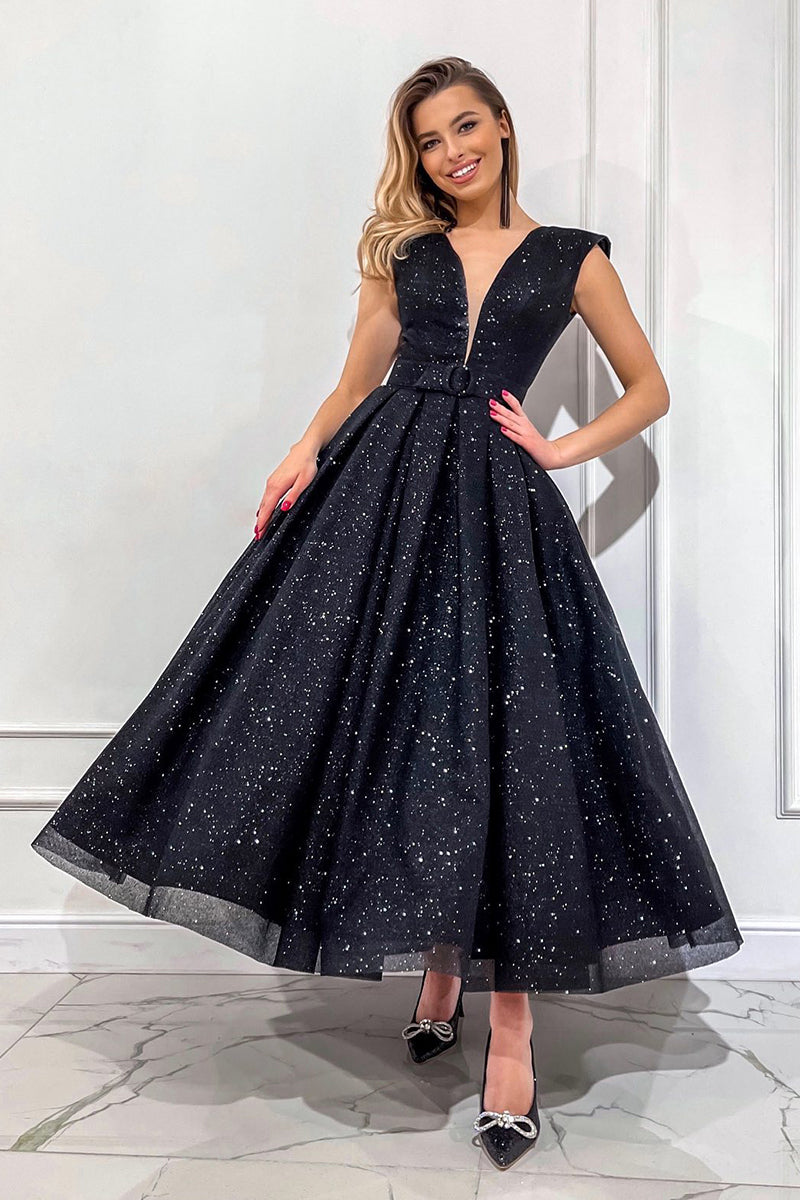 Attractive V-Neck Tulle Black Vintage Prom Dress Glitter QP0838 US16 / Black Attractive V-Neck Tulle Black Vintage Prom Dress Glitter QP0838 US16 / Black