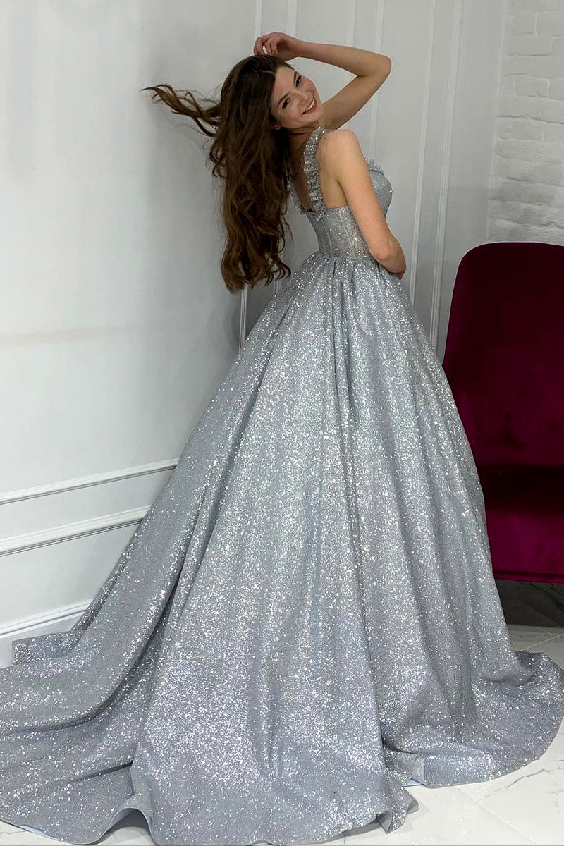 Sexy V-Neck Silver Sparkly Prom Ball Gown QP0860 US2 / As Picture Sexy V-Neck Silver Sparkly Prom Ball Gown QP0860 US2 / As Picture