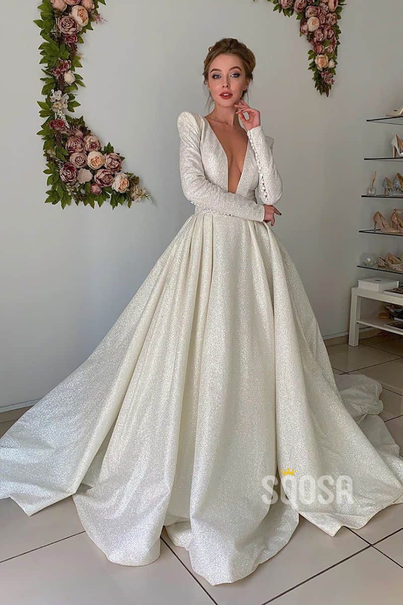 A-line Attractive V-neck Long Sleeves Rustic Wedding Dress Glitter Bridal Gown QW2146|SQOSA