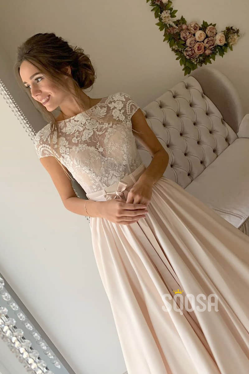 A-line Lace Top Short Sleeves Champagne Wedding Dress Bridal Gown QW2152 A-line Lace Top Short Sleeves Champagne Wedding Dress Bridal Gown QW2152