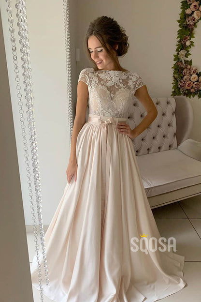 A-line Lace Top Short Sleeves Champagne Wedding Dress Bridal Gown QW21 – SQOSA
