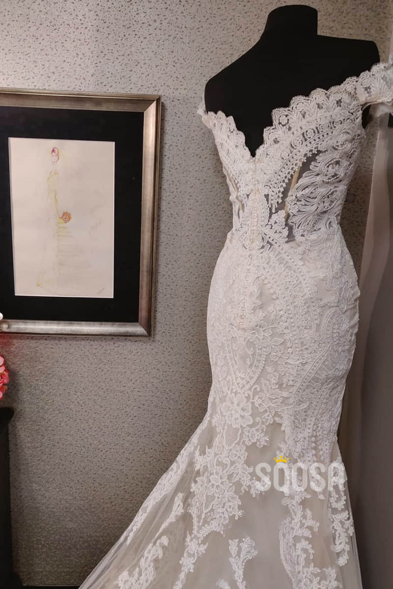 Mermaid/Trumpet Wedding Dress Cap Sleeves Lace Wedding Gown QW2187 Custom Size / Ivory Mermaid/Trumpet Wedding Dress Cap Sleeves Lace Wedding Gown QW2187 Custom Size / Ivory